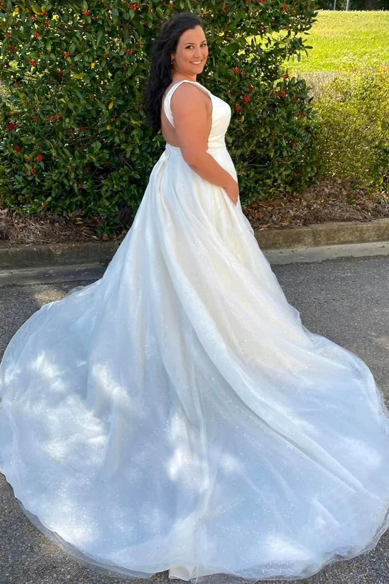 Vestido de novia largo con escote cuadrado y corte A brillante